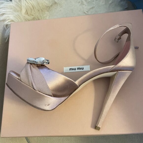 Miu Miu Nude Satin Heels with Crystal Embellishment, Size 6.5 - Picture 12 of 13